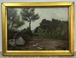 Oil On Panel: Landscape Young Woman With Reading Period Romantic France. Fixed Price $335.76.